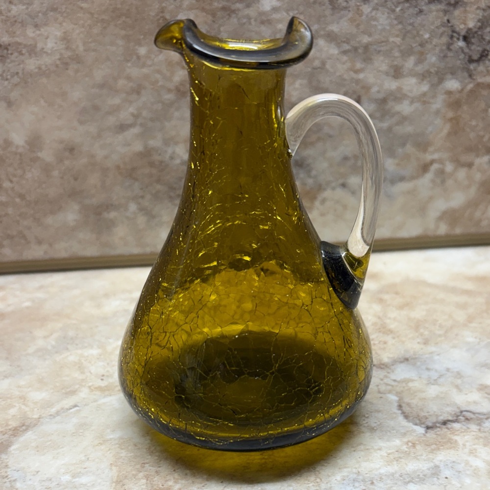 Vintage Pilgrim Olive Green Art Glass Blown Crackle Pitcher Creamer 4-1/2”